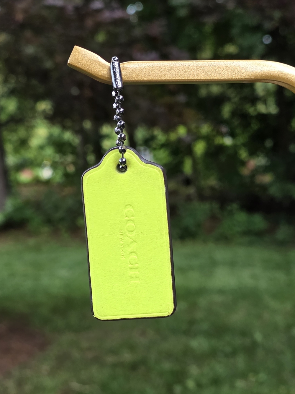 COACH Large Neon Yellow Leather Hangtag W/ Gunmetal Ball chain & Spare Chains